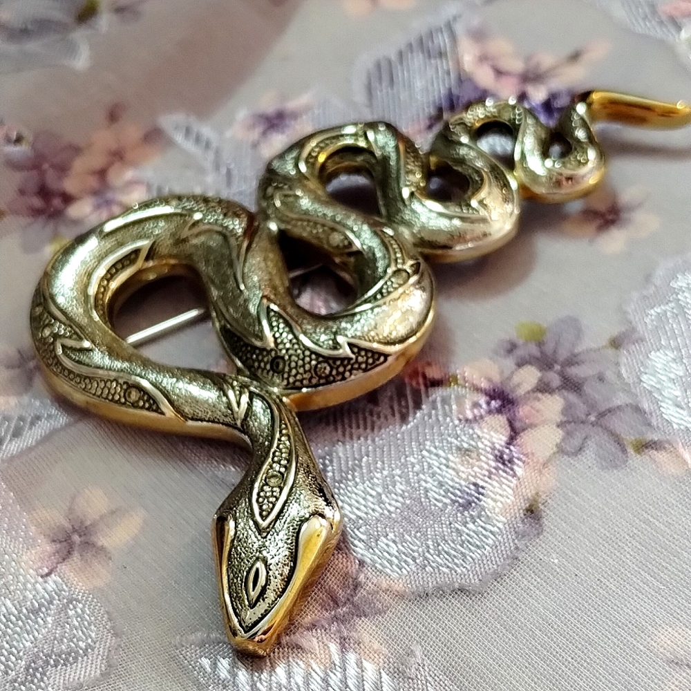 Massive Vintage Silver Tone With Gold Tone Rhinestone Estate Serpent Brooch